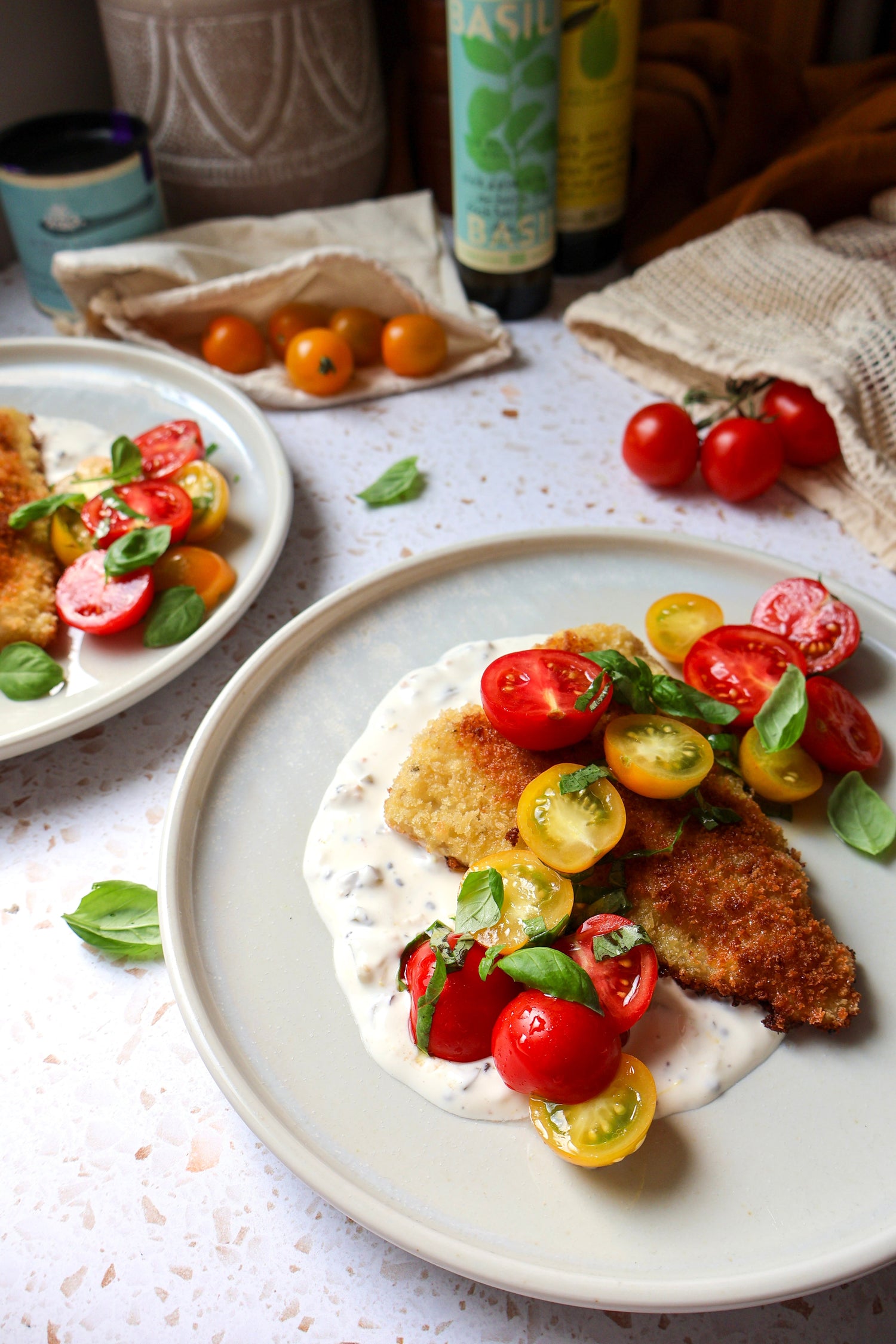 Breaded Fish, Tomato Salad and Lemony Yogurt Sauce