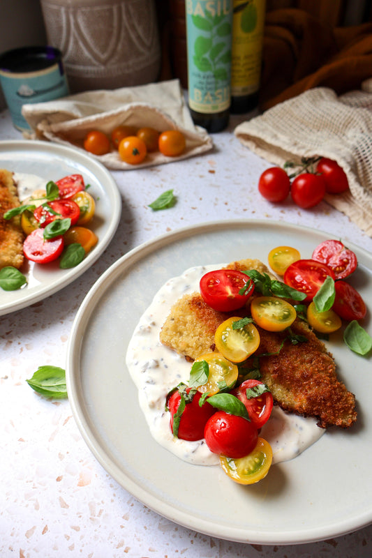 Breaded Fish, Tomato Salad and Lemony Yogurt Sauce