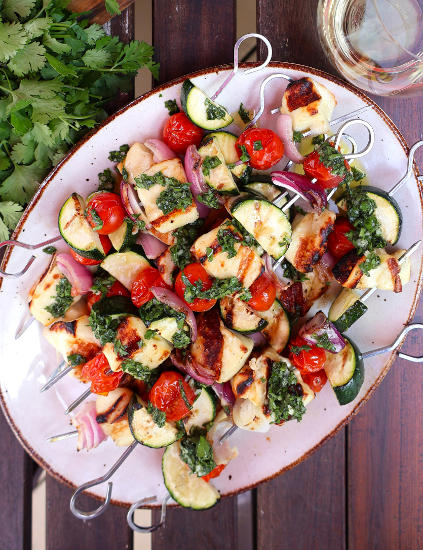 Grilled halloumi and vegetable skewers