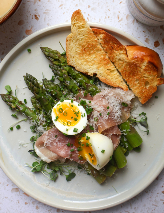 Asparagus with Soft-Boiled Eggs, Prosciutto and Honey-Mustard Sauce