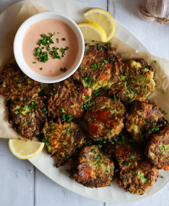 Zucchini and Broccoli Fritters with Chipotle Aioli
