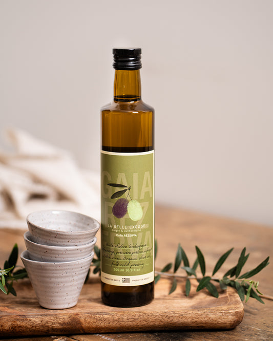 La Belle Excuse Gaïa Rezerva Organic Extra Virgin Olive Oil, available in 250 ml, 500 ml, and 1 L formats.