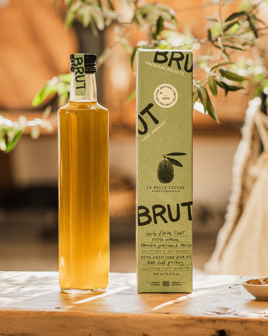 500 ml La Belle Excuse Extra Virgin Crude Olive Oil, made with Greek olives.