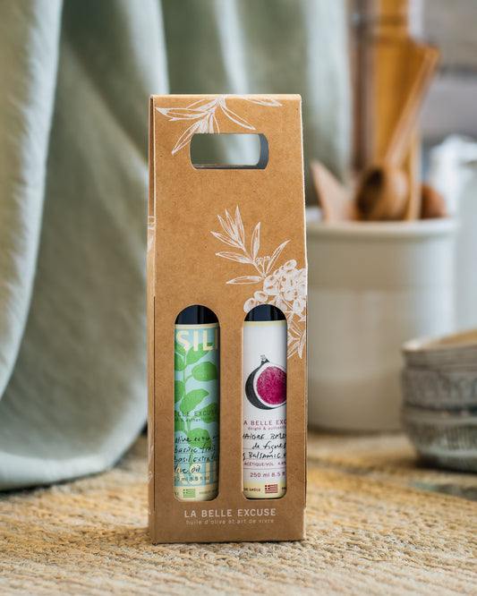 La Belle Excuse Olive Oil and Balsamic Vinegar Gift Box featuring a 250 ml bottle of green or black olive oil paired with a balsamic vinegar.