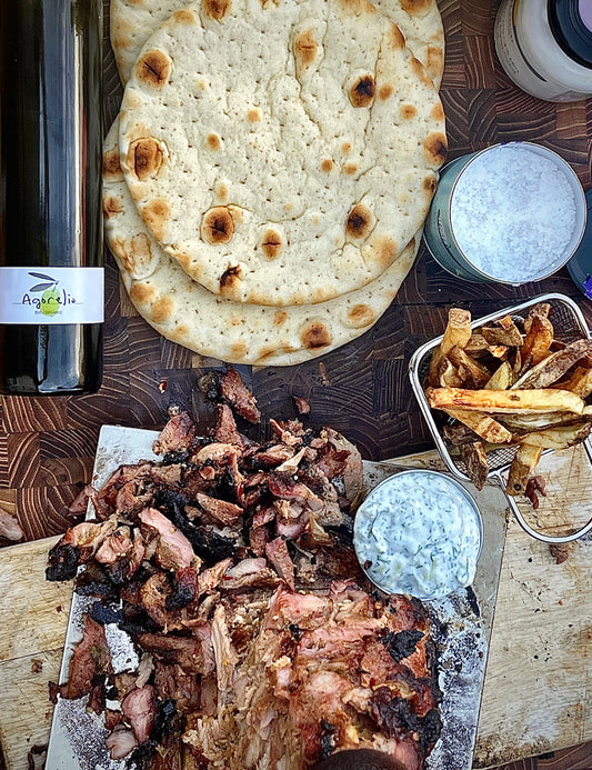 Pork Gyros with La Belle Excuse marinade and Tzatziki