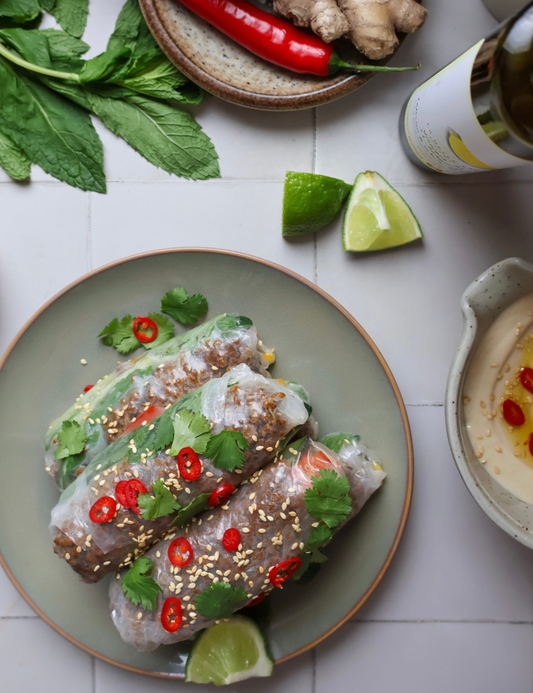 Beef Rice Paper Rolls with Tahini and Lemon White Balsamic Sauce
