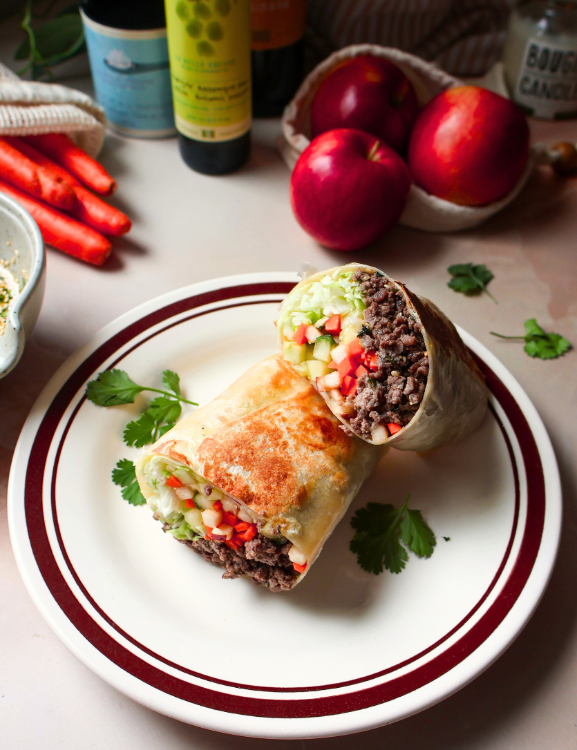 Beef Wraps with Crunchy Vegetables, Apples & White Balsamic Vinaigrette