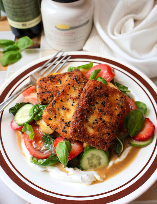 Crispy Halloumi Salad with Roasted Garlic Mustard & Fig Vinegar Vinaigrette