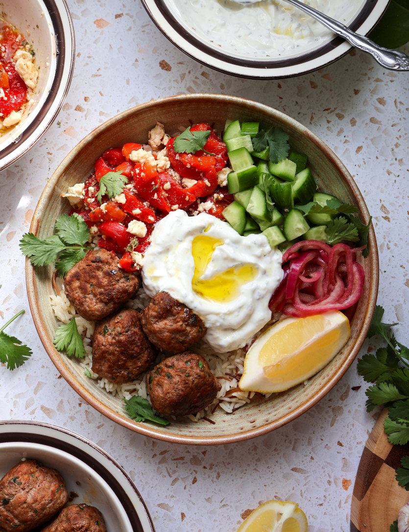 Mediterranean Lamb Meatball Bowl with Creamy Yogurt Sauce