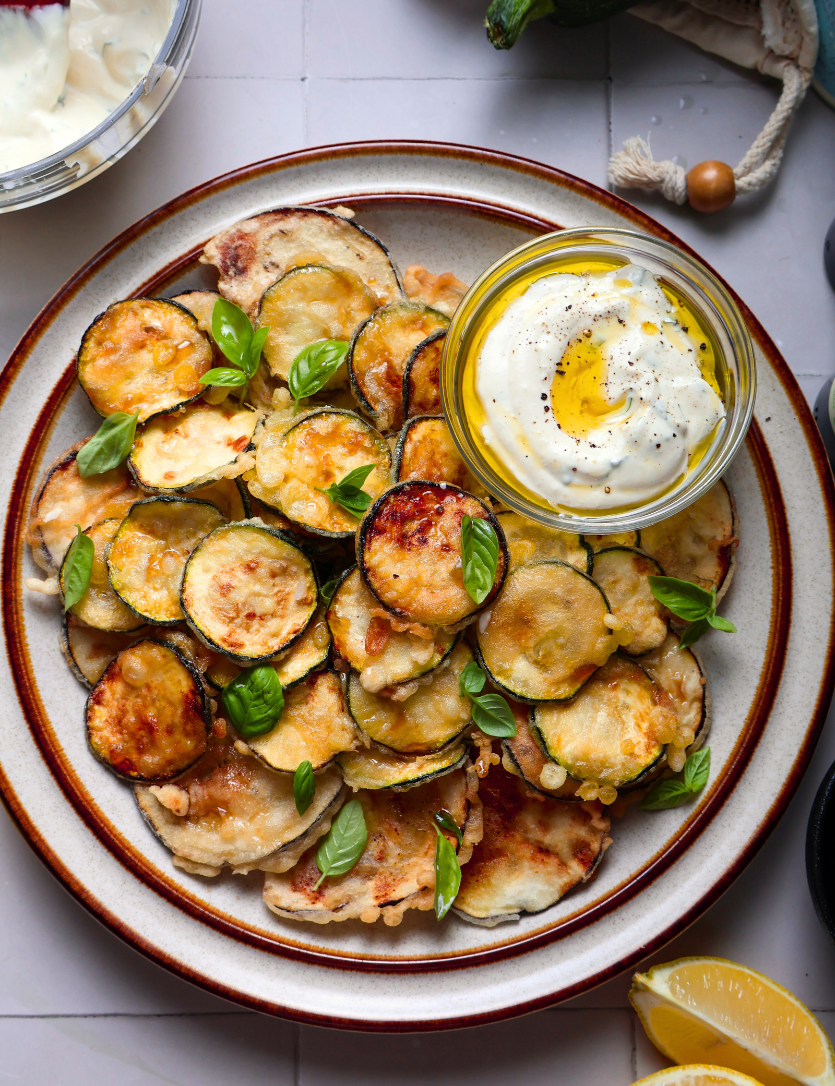 Crispy Zucchini & Eggplant Chips with Honey Vinaigrette and Yogurt Sauce