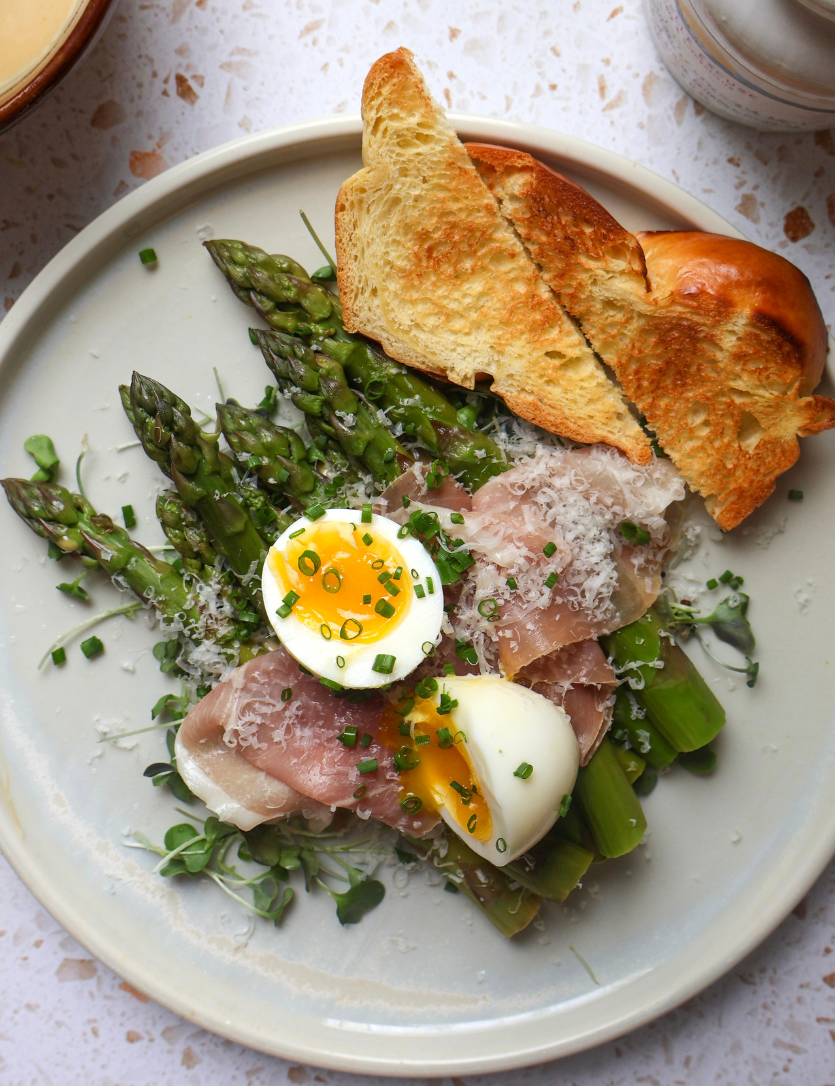 Asparagus with Soft-Boiled Eggs, Prosciutto and Honey-Mustard Sauce