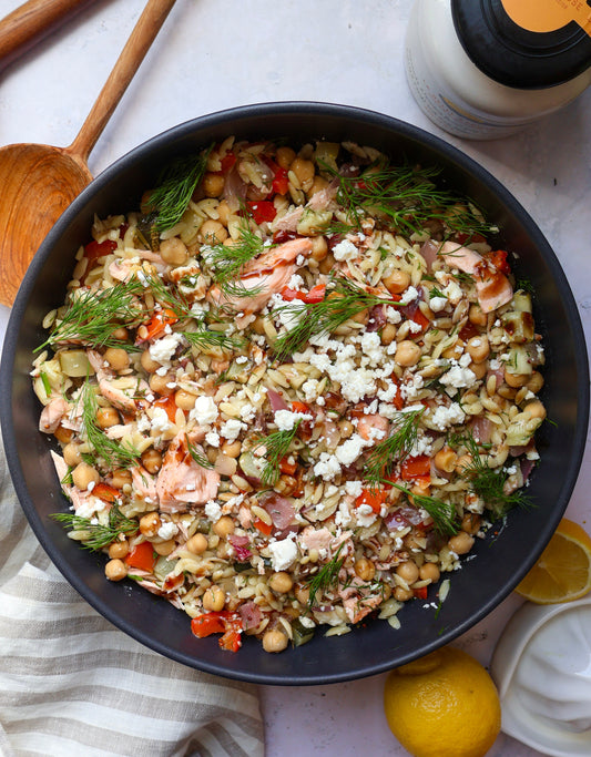 Mediterranean Orzo Salad with Salmon and Grilled Vegetables