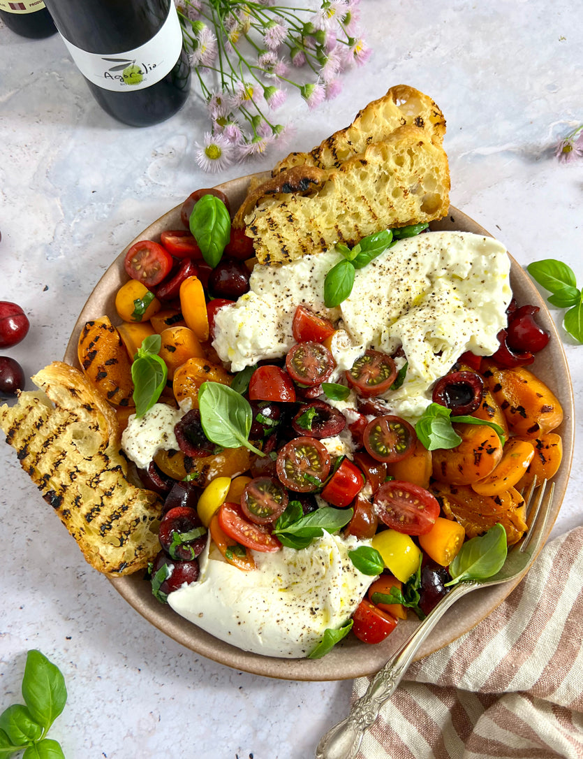 Burrata salad with grilled apricots, cherries and cherry tomatoes