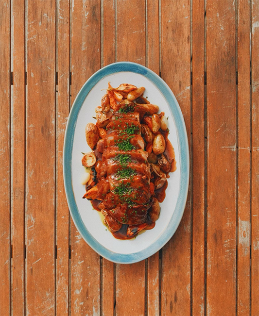 Double Pork Chops with a Maple Brandy Sauce and Oven-Roasted Vegetables by Laurent Dagenais