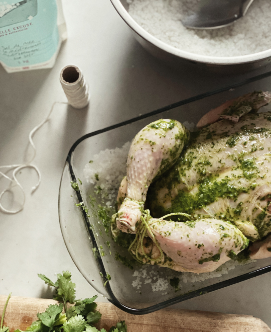 Salt crust roasted chicken with cilantro and olive oil