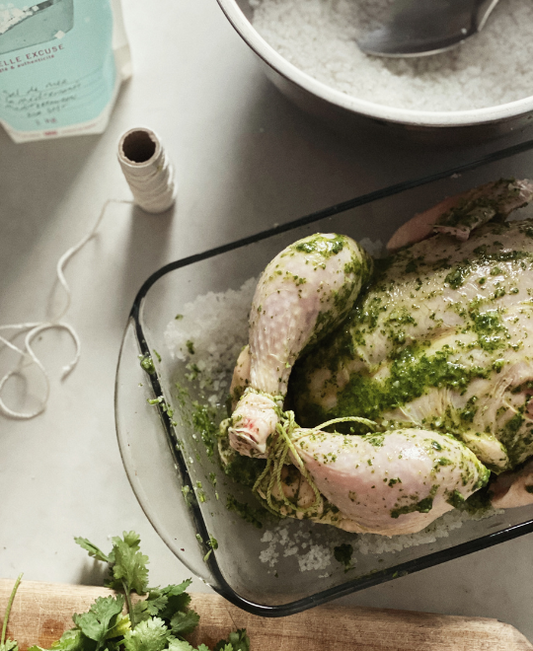 Salt crust roasted chicken with cilantro and olive oil
