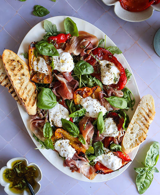 Roasted Pepper Salad with Prosciutto and Burrata