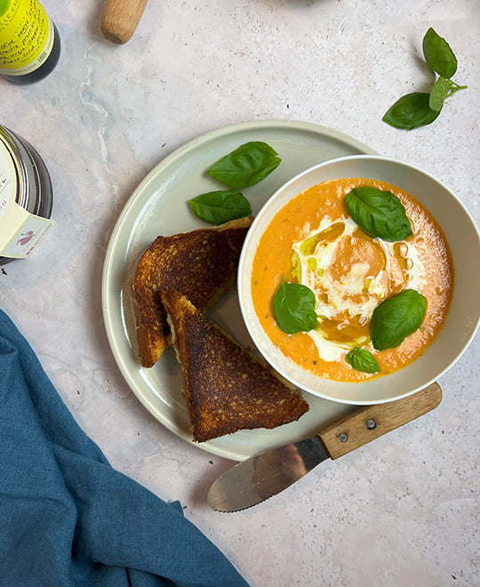 Roasted tomato and grilled cheese soup with French shallot confit
