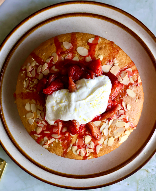 Olive Oil Cake with Strawberry and Rhubarb Compote