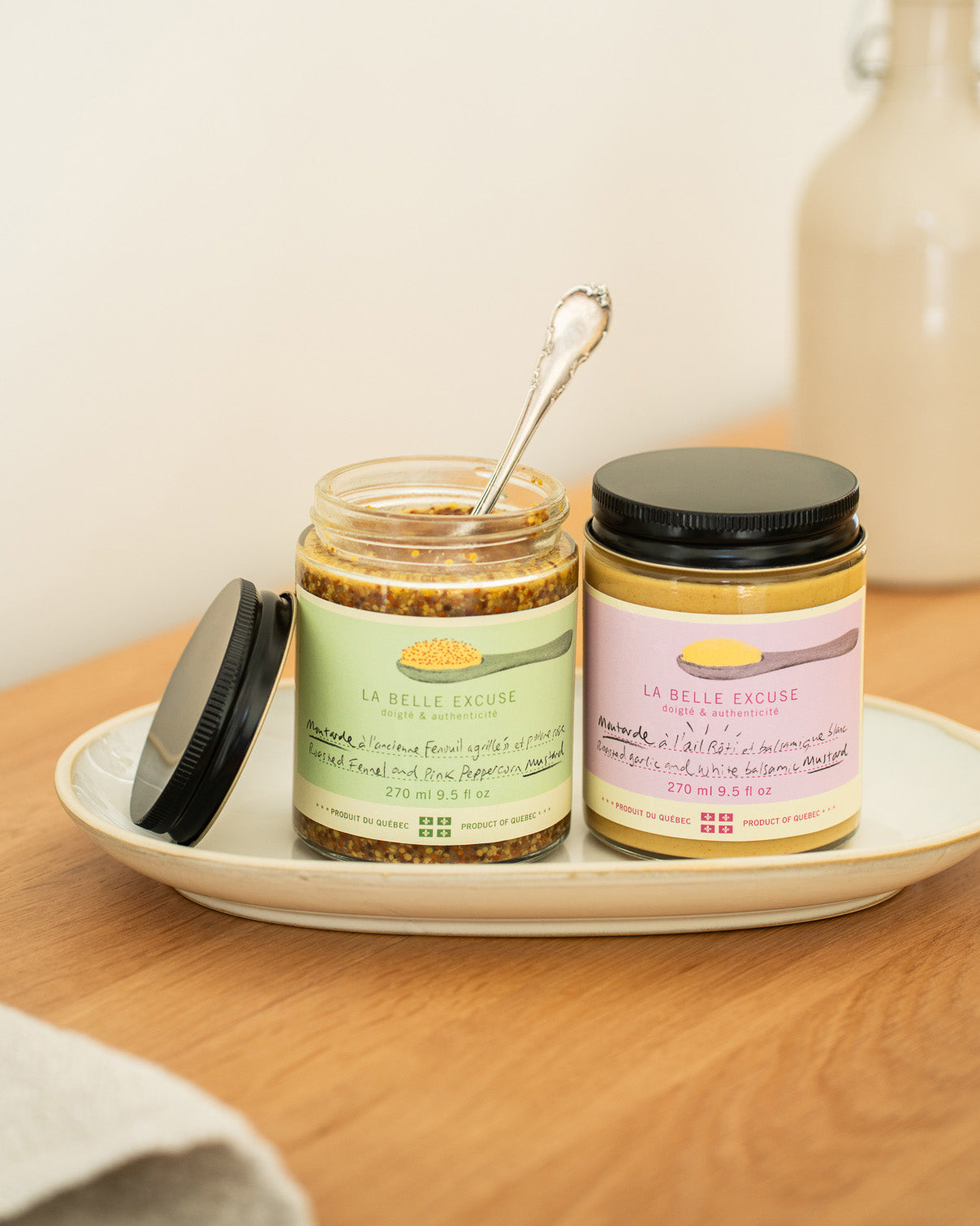 Duo of La Belle Excuse Roasted Garlic and White Balsamic Mustard, 270 ml each.